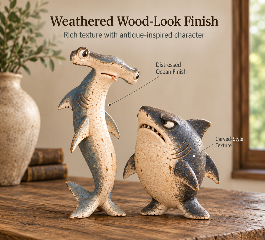 Weathered finish and carved shark details