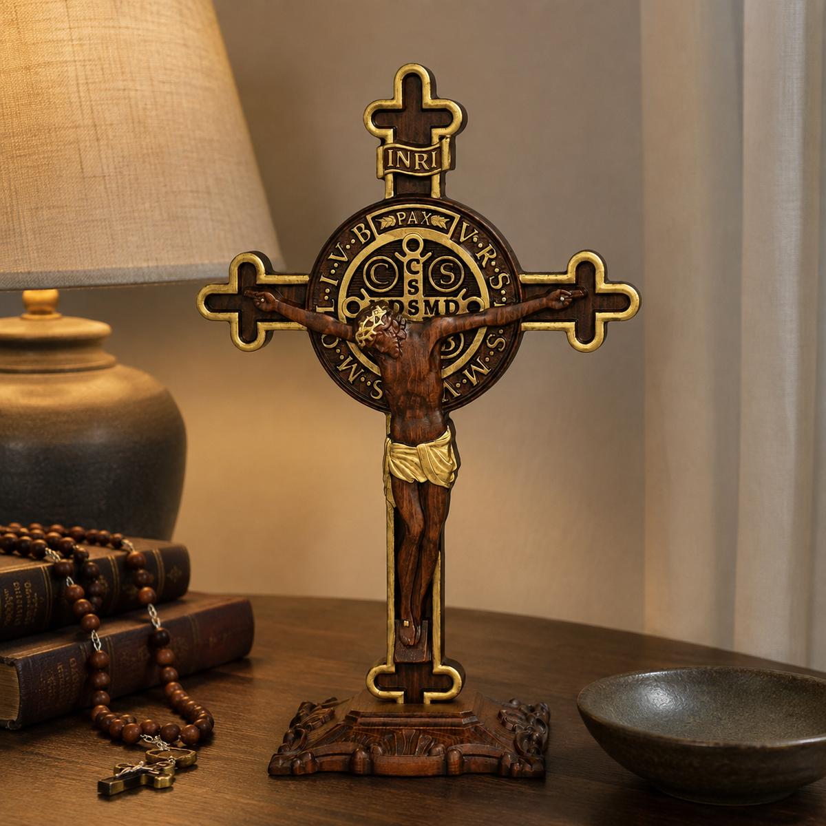 Hand-Carved Beechwood Saint Benedict Crucifix – Double-Sided Christian Standing Cross