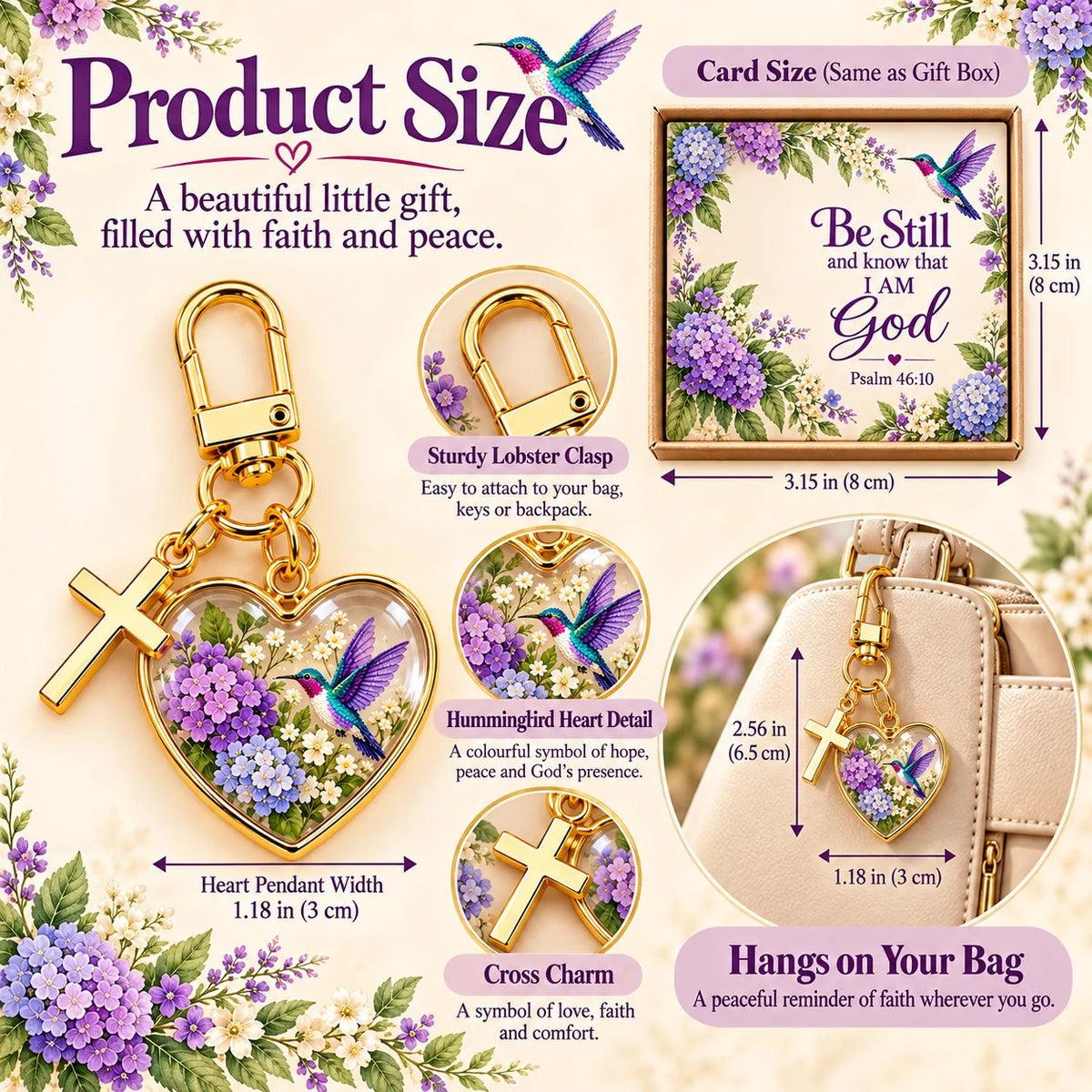 💜✝️ Be Still & Know That I Am God Hummingbird Faith Keychain — Psalm 46:10