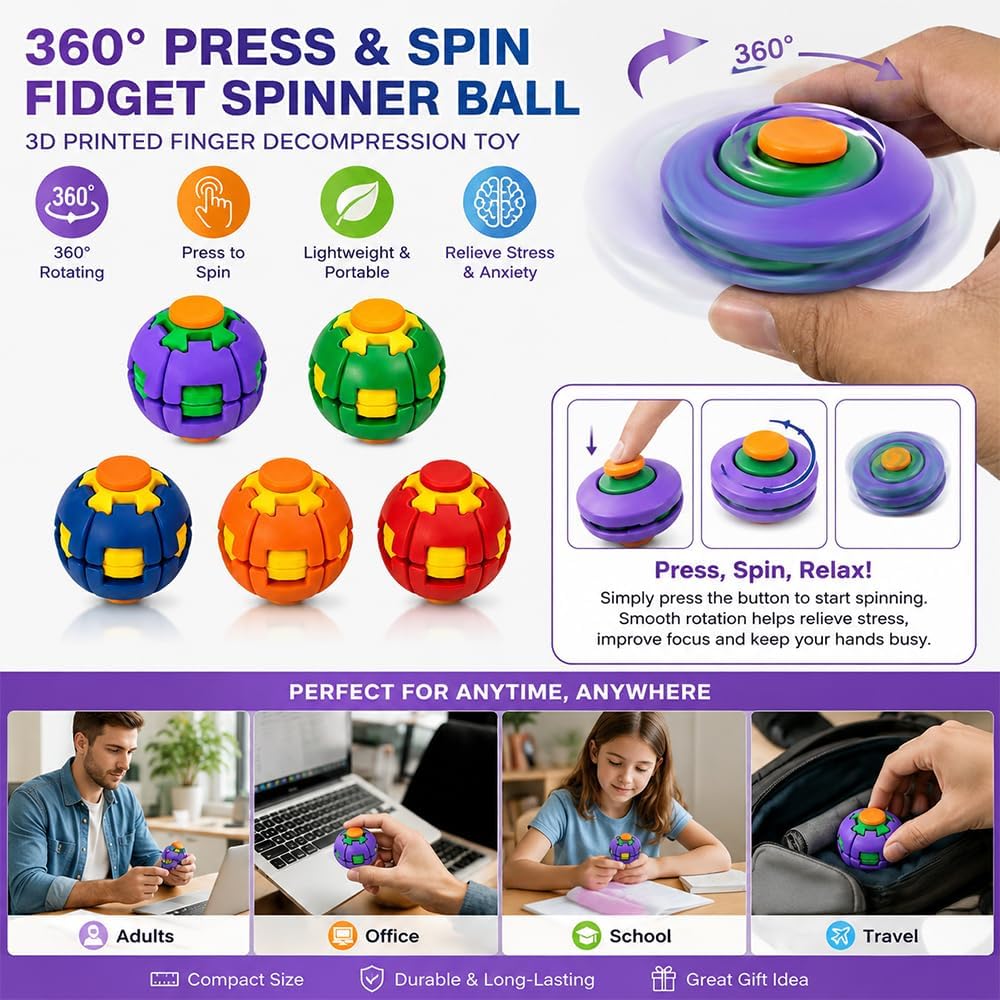 Fidget Spinner Decompression Ball, 360° Press & Spin Fidget Ball