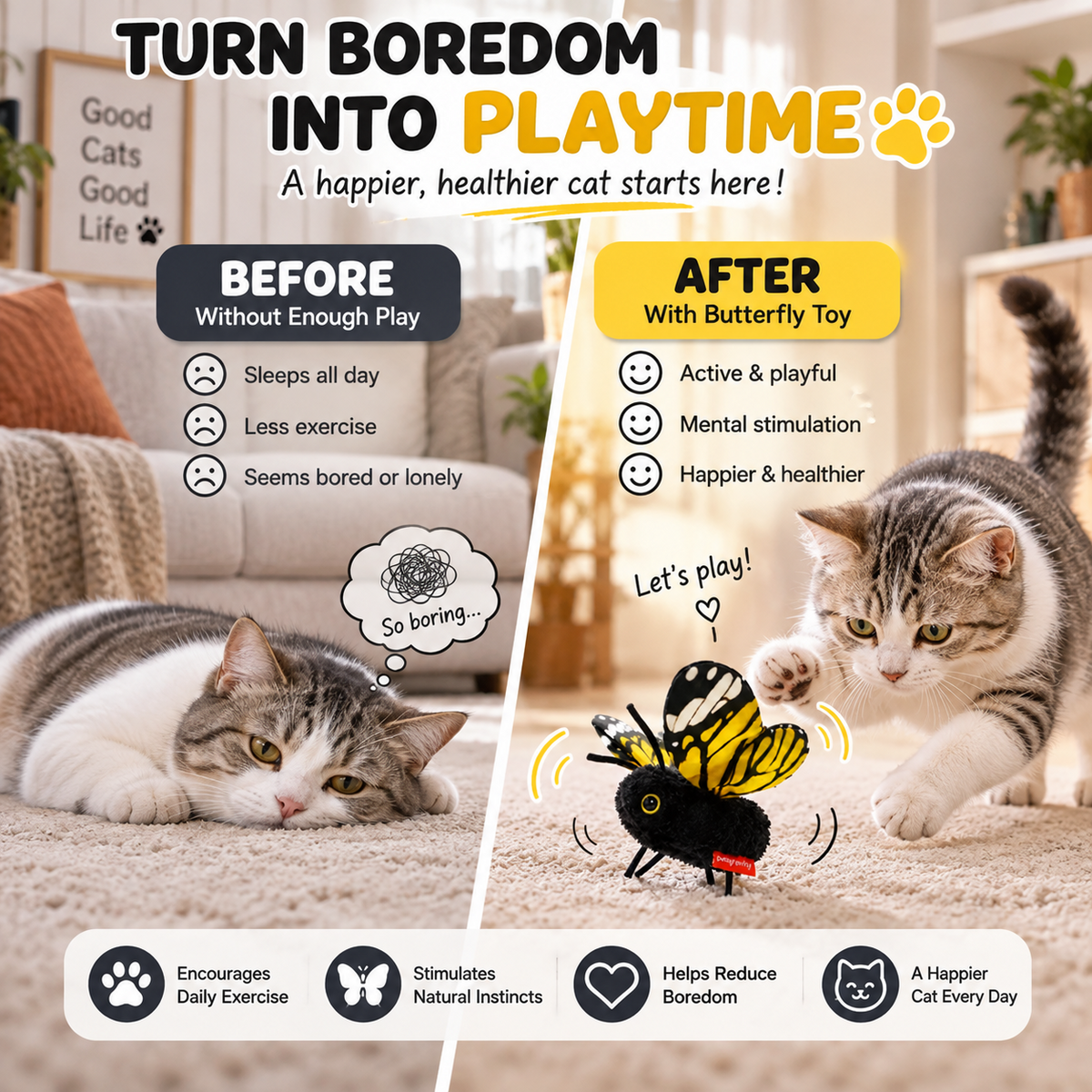 Interactive Electric Butterfly & Bluebird Cat Toy - 3 Flying Modes USB Rechargeable Teaser