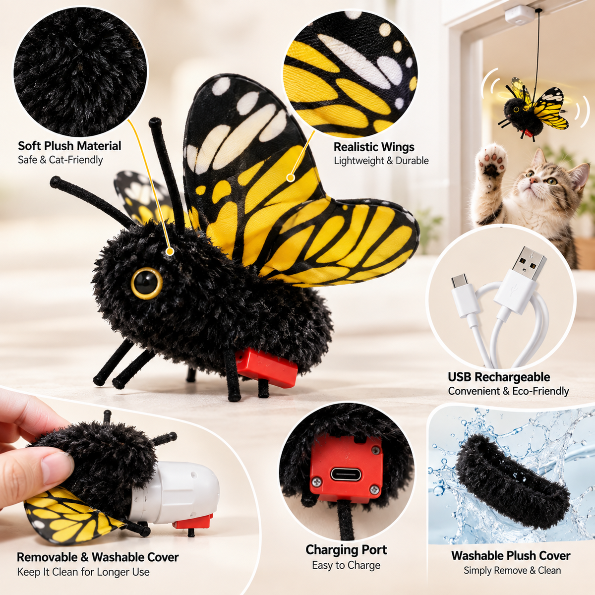 Interactive Electric Butterfly & Bluebird Cat Toy - 3 Flying Modes USB Rechargeable Teaser