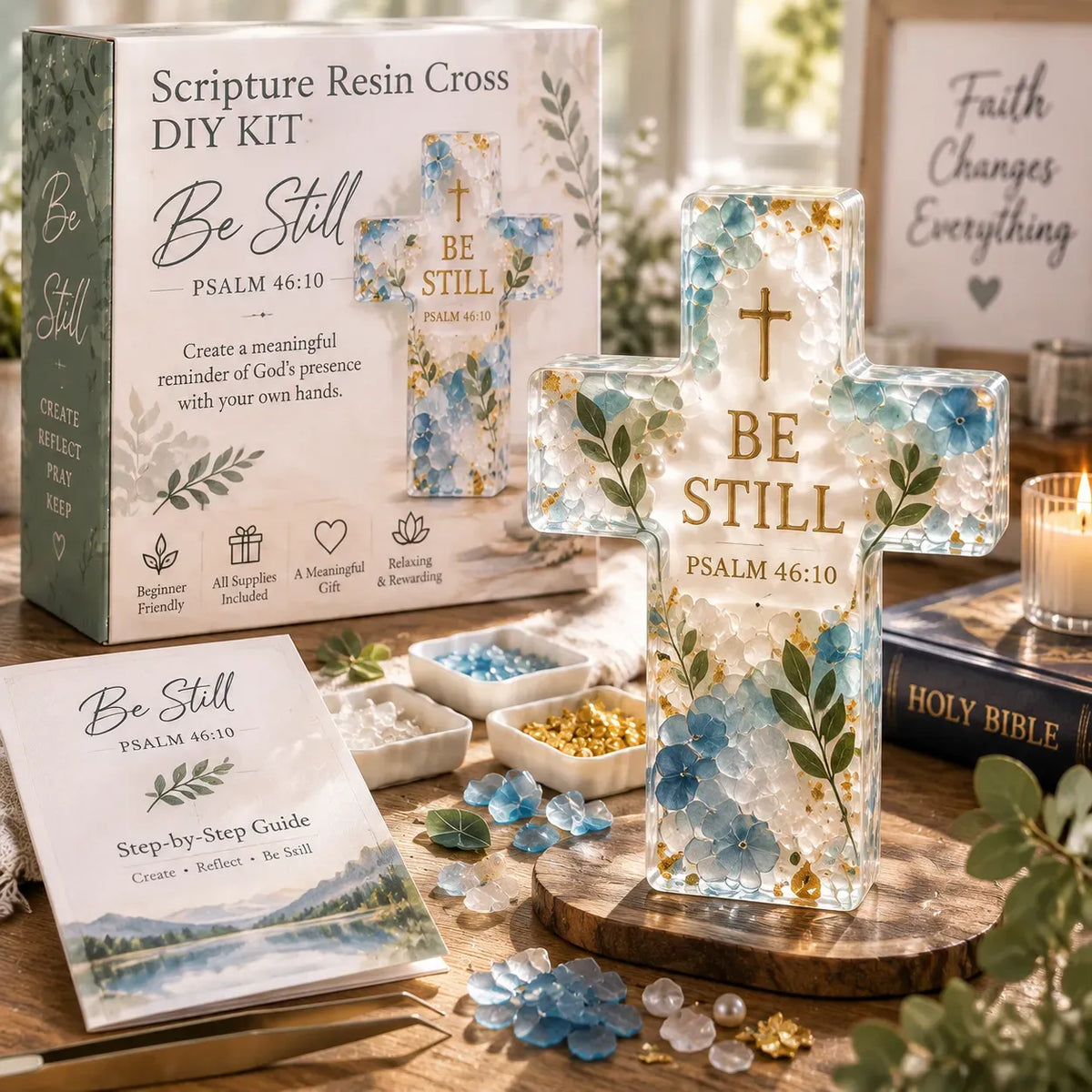 ✝️ Beginner-Friendly Be Still Scripture Resin Cross DIY Kit | Complete Kit with Cross Mold, Two-Part Resin, Florals, Gold Accents, Tools & Step-by-Step Guide Included 💕