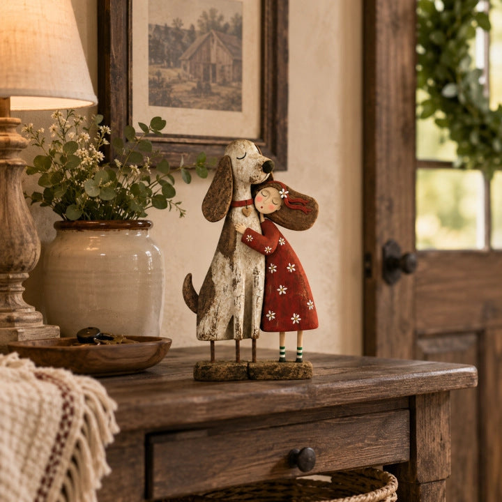 Rustic Pet Hugging Figurine detail