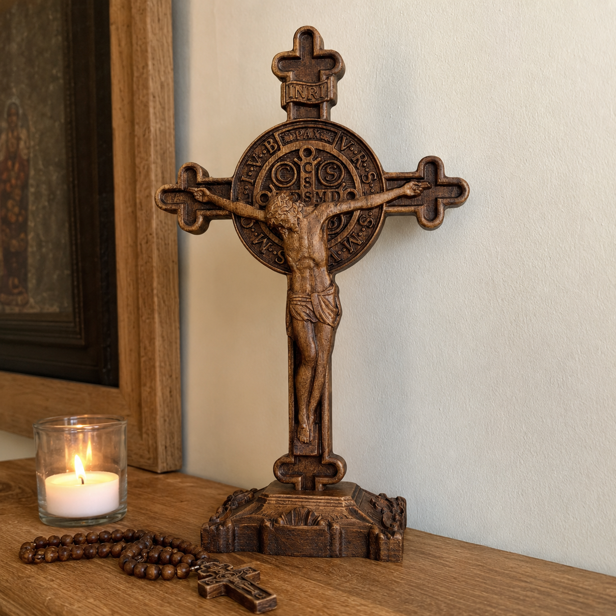 Hand-Carved Beechwood Saint Benedict Crucifix – Double-Sided Christian Standing Cross