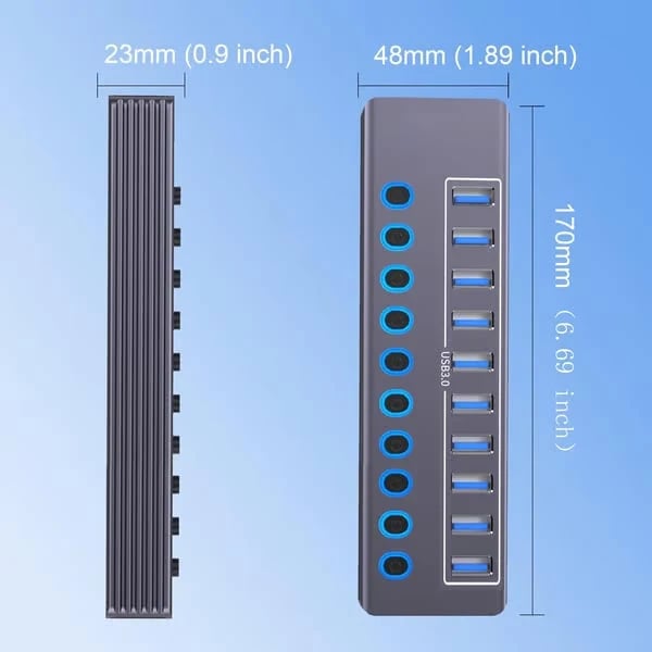 Powered 10-Port USB 3.0 Hub, USB C to 10 Ports USB Data Hub Splitter with Individual LED On/Off Switche, 3.3FT Cable, 12V/3A Power Adapter
