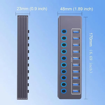 Powered 10-Port USB 3.0 Hub, USB C to 10 Ports USB Data Hub Splitter with Individual LED On/Off Switche, 3.3FT Cable, 12V/3A Power Adapter