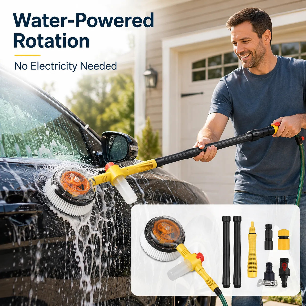 Water‑Powered Auto Rotating Car Wash Brush for Home Garage Car Care
