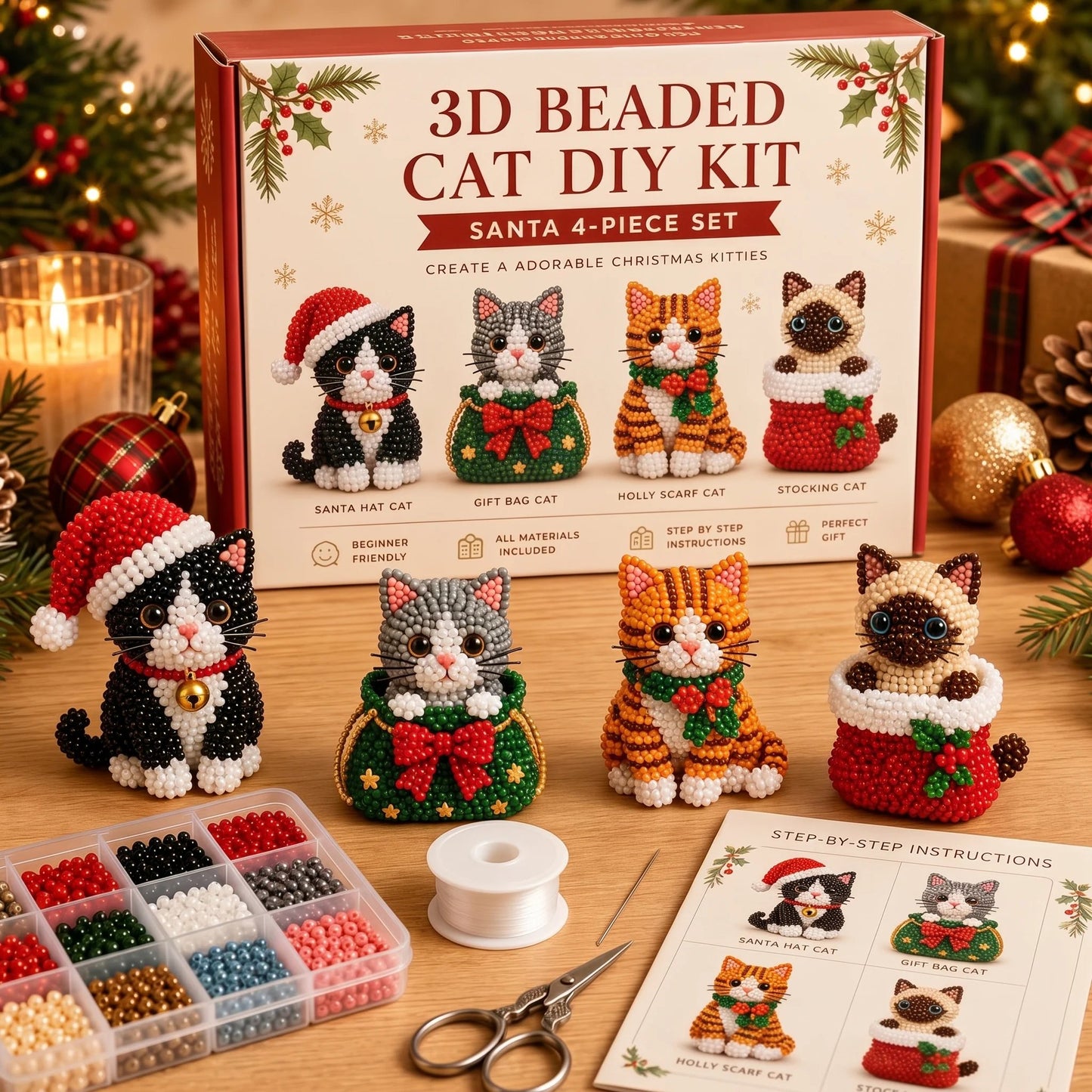 ⏳ Last Day 49% OFF – 🎄 Beginner-Friendly DIY 3D Christmas Beaded Ornament Kit | Complete 4-Piece Set with Glass Beads, All Tools & Step-by-Step Guide Included 💕