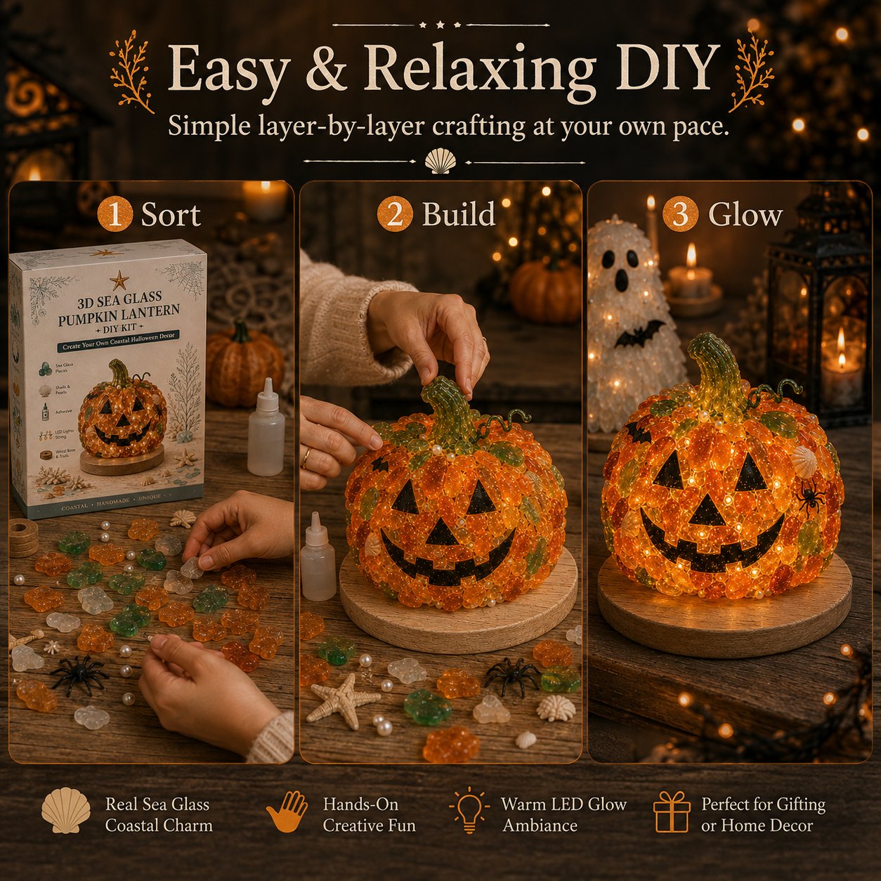 ⏳ Last Day 49% OFF – 🎃 Beginner-Friendly DIY Lighted Sea Glass Halloween Character Kit Collection | Complete Kit with Sea Glass Pieces, LED Lights & Step-by-Step Guide Included 💕