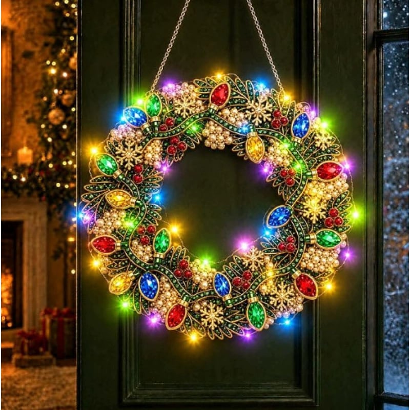 LED Weihnachts-Perlen-Diamantbild – Funkelnde Weihnachtskranz-Dekoration mit 19 Motiven