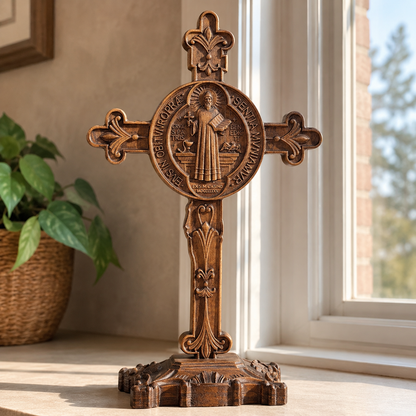 Hand-Carved Beechwood Saint Benedict Crucifix – Double-Sided Christian Standing Cross