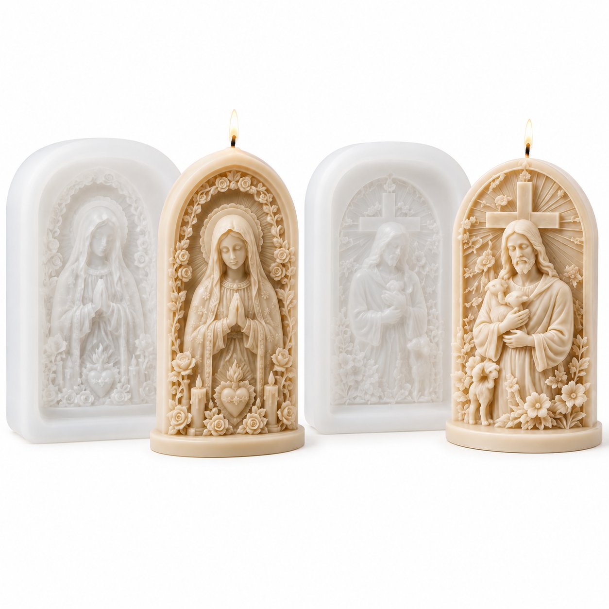 ✝️ 2-Piece Good Shepherd Jesus 3D Candle Mold Set | Sculpted Cross, Lamb & Floral Relief for Faith-Inspired Handmade Candles 🕯️✨
