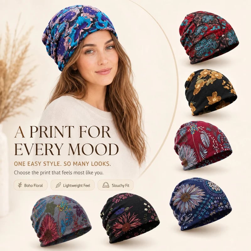 🔥HOT SALE🔥Boho Floral Slouchy Beanie for Women Lightweight Soft Stretchy Hat