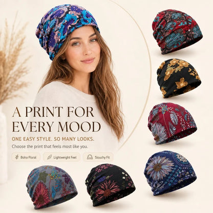 🔥HOT SALE🔥Boho Floral Slouchy Beanie for Women Lightweight Soft Stretchy Hat