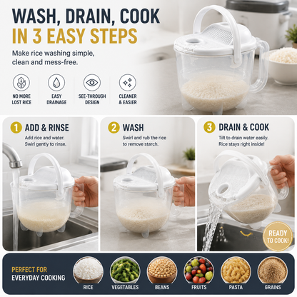 🍚 No-Mess Rice Washing Bowl – Transparent Rice Strainer with Easy Drain Handle for Faster Kitchen Prep