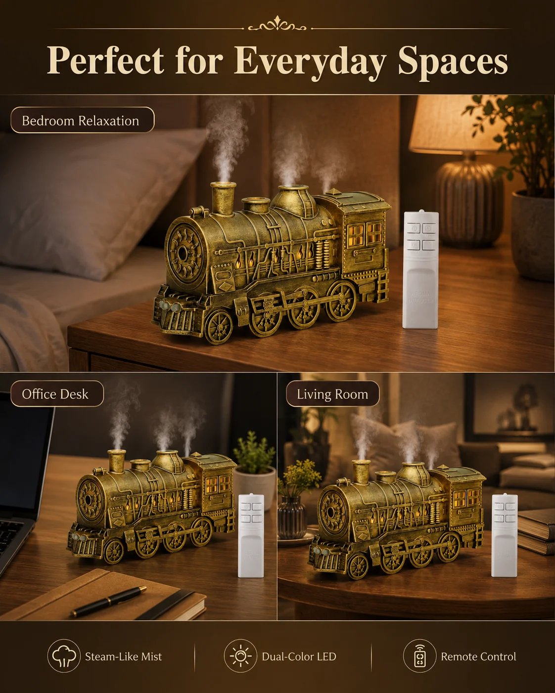 🔥Limited-Time Sale | Vintage Steam Train Humidifier – 300ML Aromatherapy Diffuser with LED Light