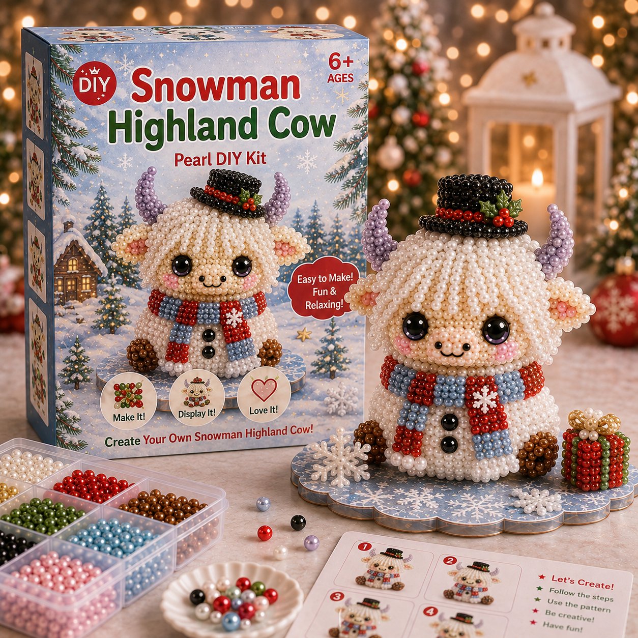⏳ Last Day 49% OFF – 🎄Beginner-Friendly Christmas Highland Cow 3D Pearl Bead DIY Kit | Complete Kit with All Tools & Step-by-Step Guide Included 💕