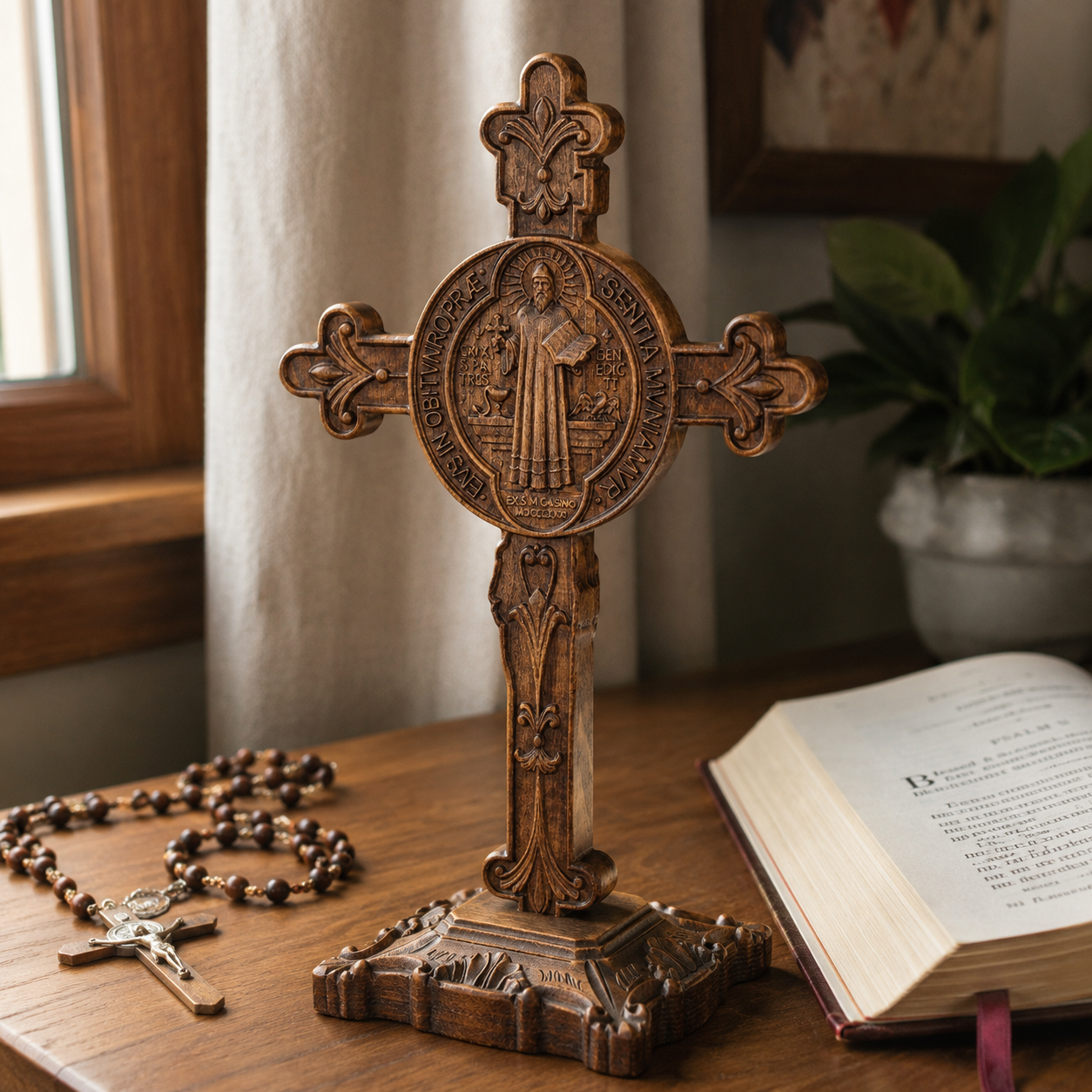 Hand-Carved Beechwood Saint Benedict Crucifix – Double-Sided Christian Standing Cross