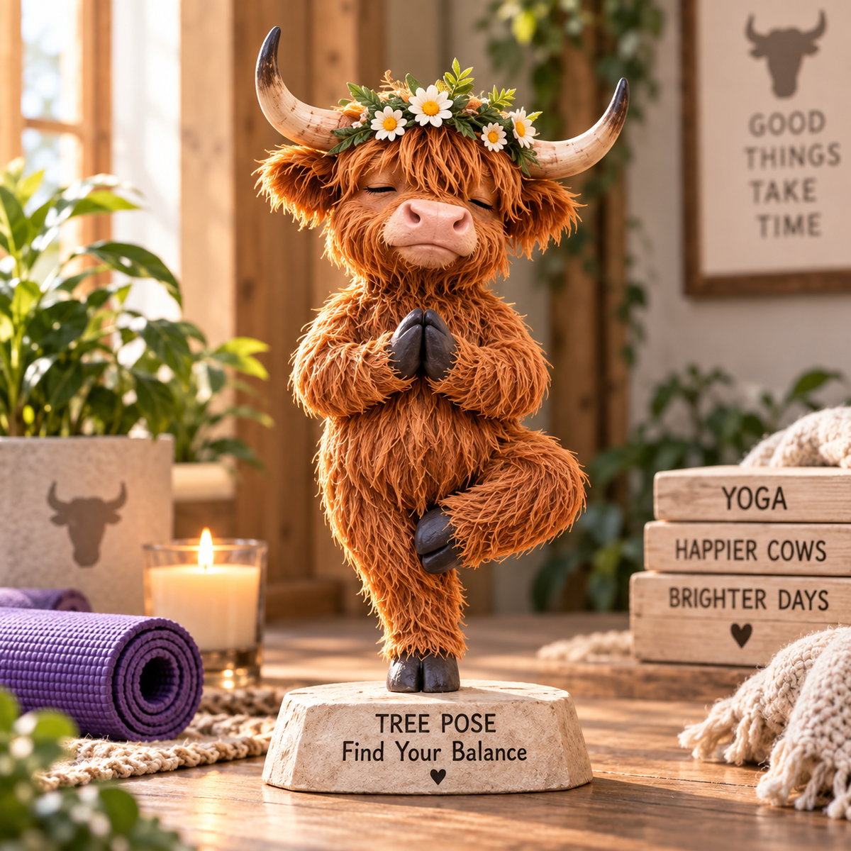 Highland cow yoga figurine tree pose