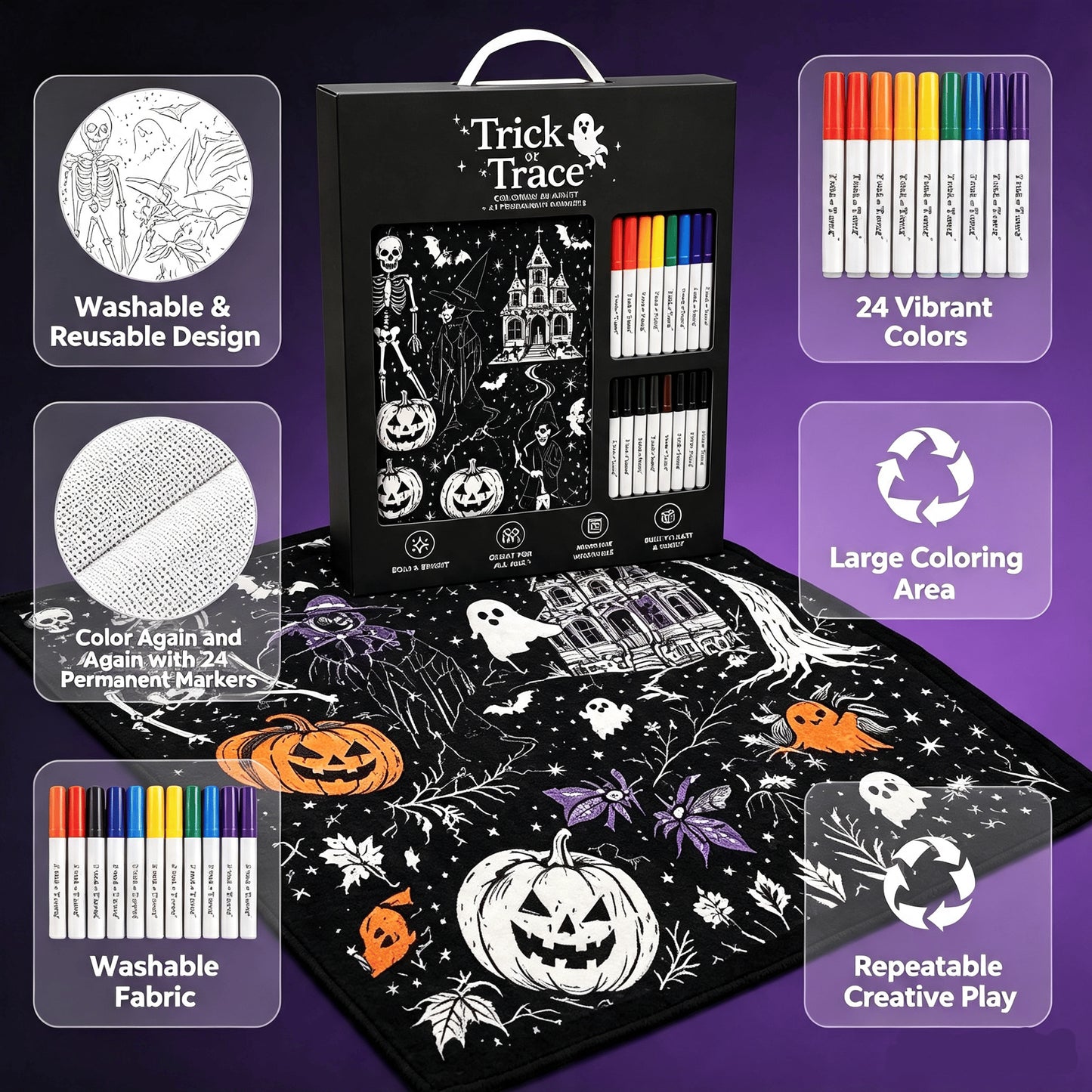 Halloween Trick or Trace Coloring Blanket Set with 24 Permanent Markers