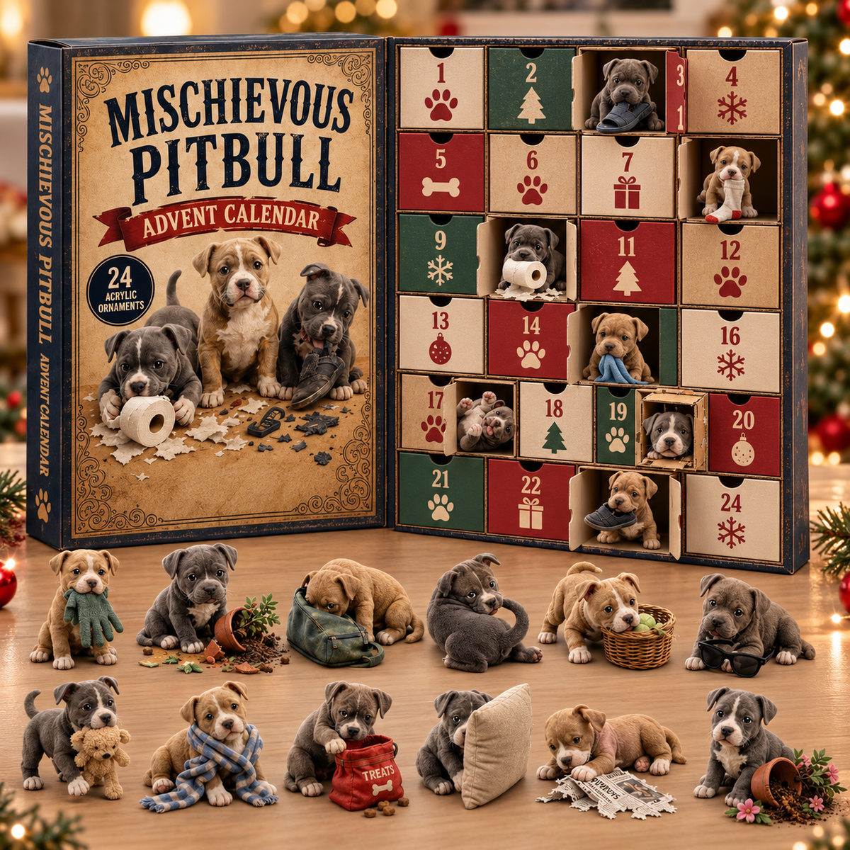 CHRISTMAS KICKOFF 49% OFF - Mischievous Pitbull Advent Calendar 2026 - 24-Day Festive Countdown, Acrylic Charms Blind Box - Gift For Pitbull Lovers