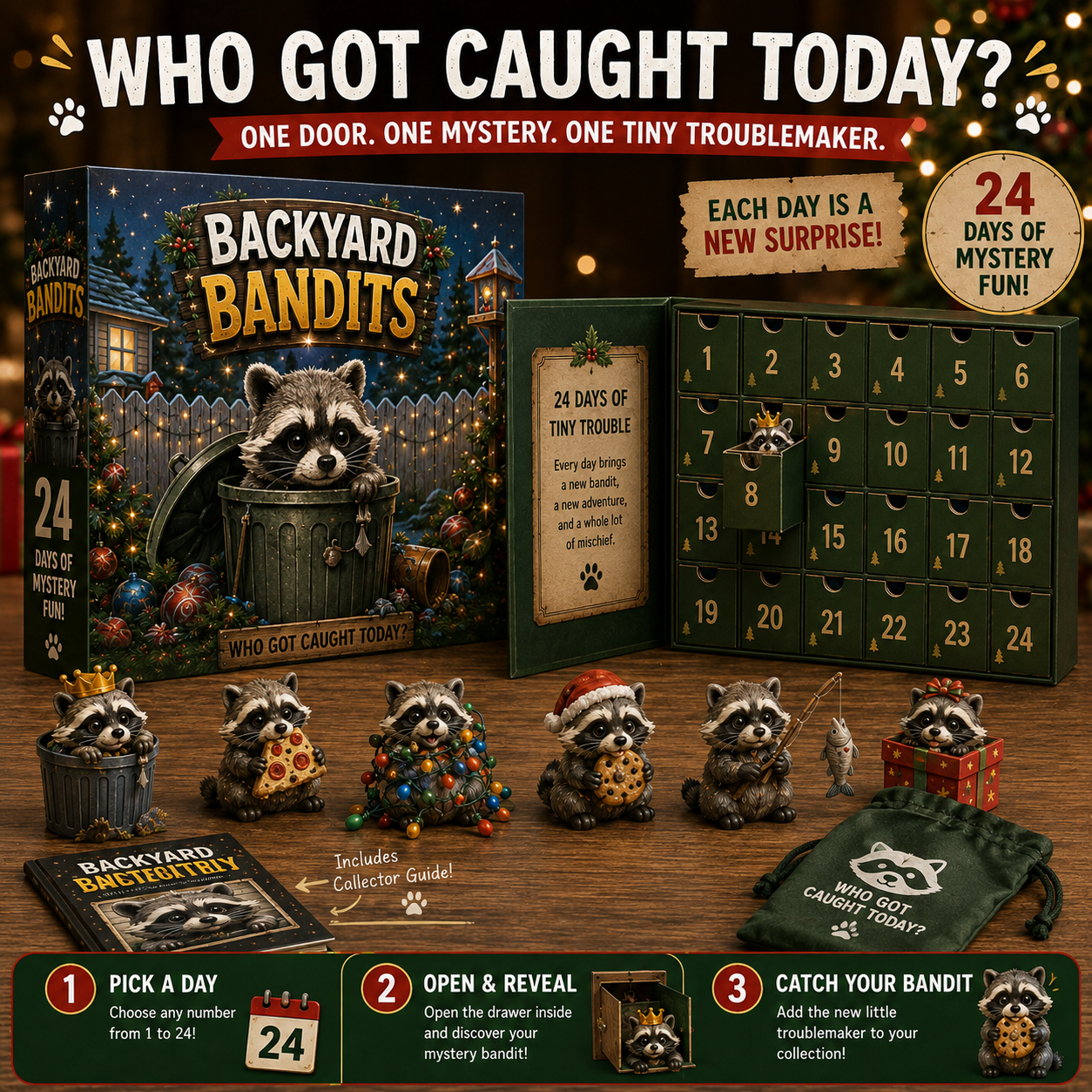 24 unique raccoon miniature characters from Backyard Bandits Advent Calendar