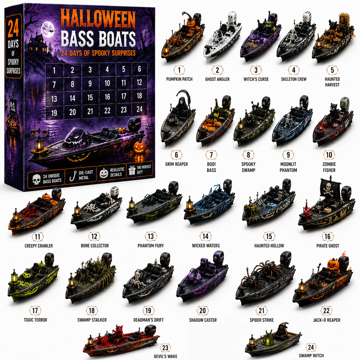 🚤24-Day Bass Boat Advent Calendar – Christmas & Halloween Collectible Boat Edition