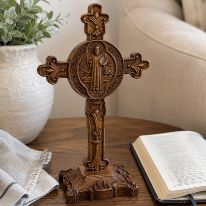 Hand-Carved Beechwood Saint Benedict Crucifix – Double-Sided Christian Standing Cross