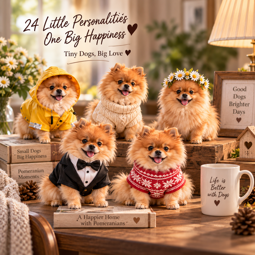 Pomeranian collectibles in cozy home setting