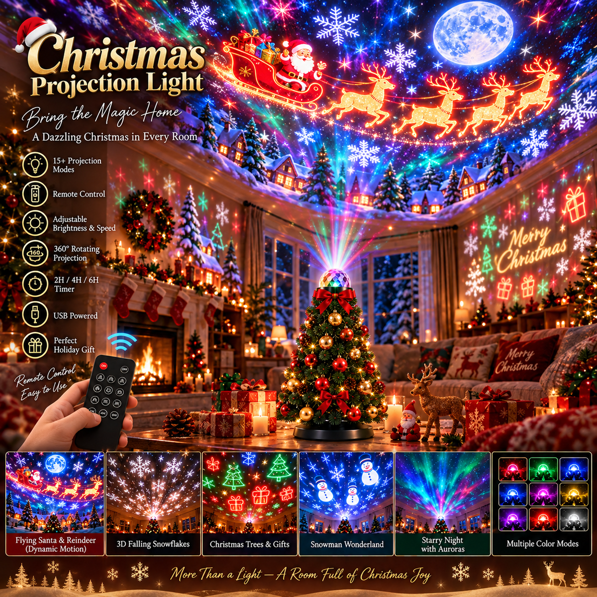 🎄 Christmas Tree Projection Light – 15+ Magical Holiday Scenes with Remote Control
