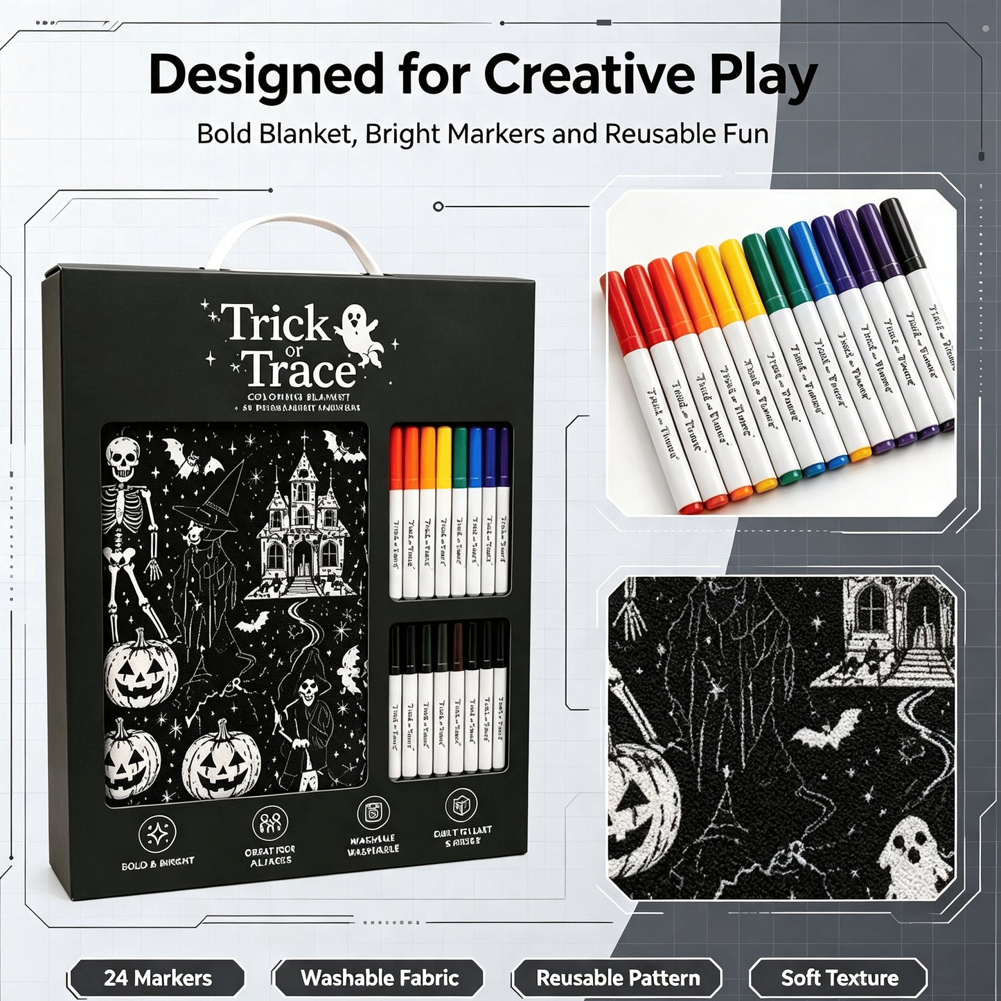Halloween Trick or Trace Coloring Blanket Set with 24 Permanent Markers
