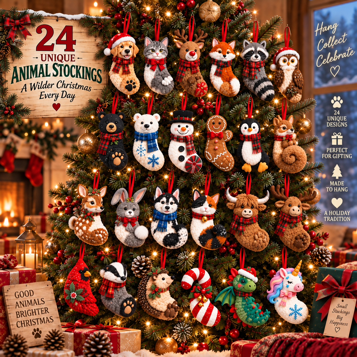 Christmas tree styling featuring animal, holiday and fantasy stocking designs among lights and festive greenery.