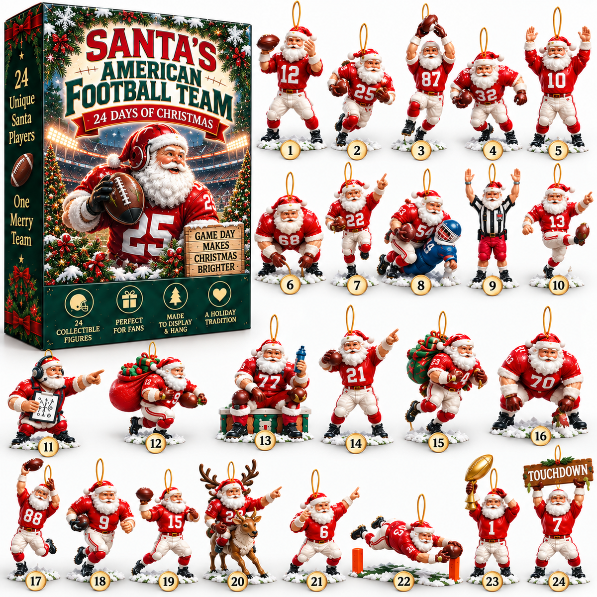 🏈🎅 Santa’s American Football Team – 24 Christmas Game-Day Players