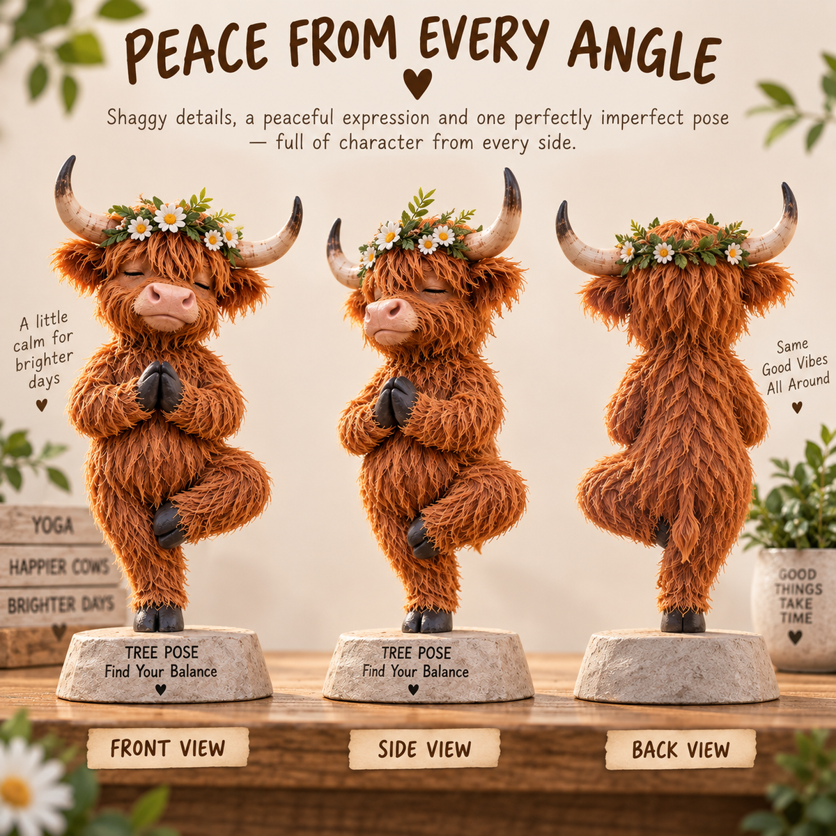 Highland cow yoga figurine front side back views
