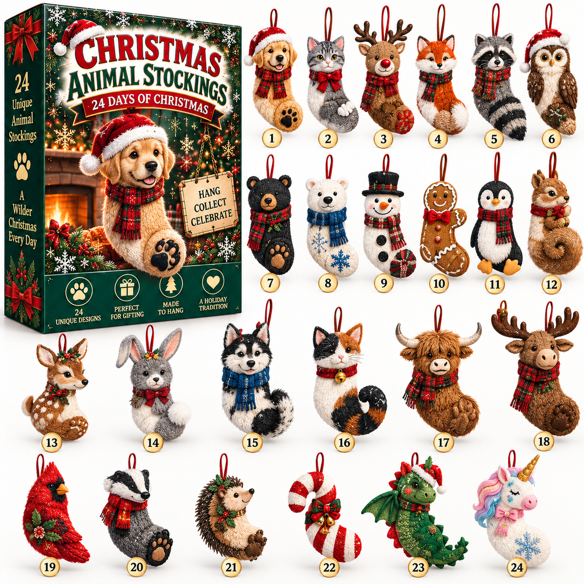 Collection artwork showing 24 stocking-shaped ornament designs, including pets, woodland animals, seasonal characters, a dragon and a unicorn.