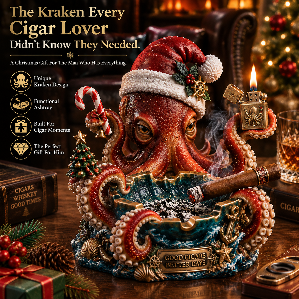Christmas Kraken cigar rest in a warm holiday cigar room