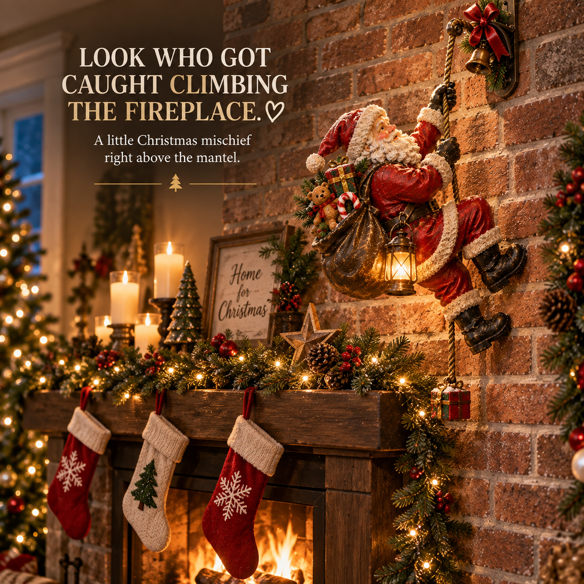 Santa climbing above Christmas fireplace mantel