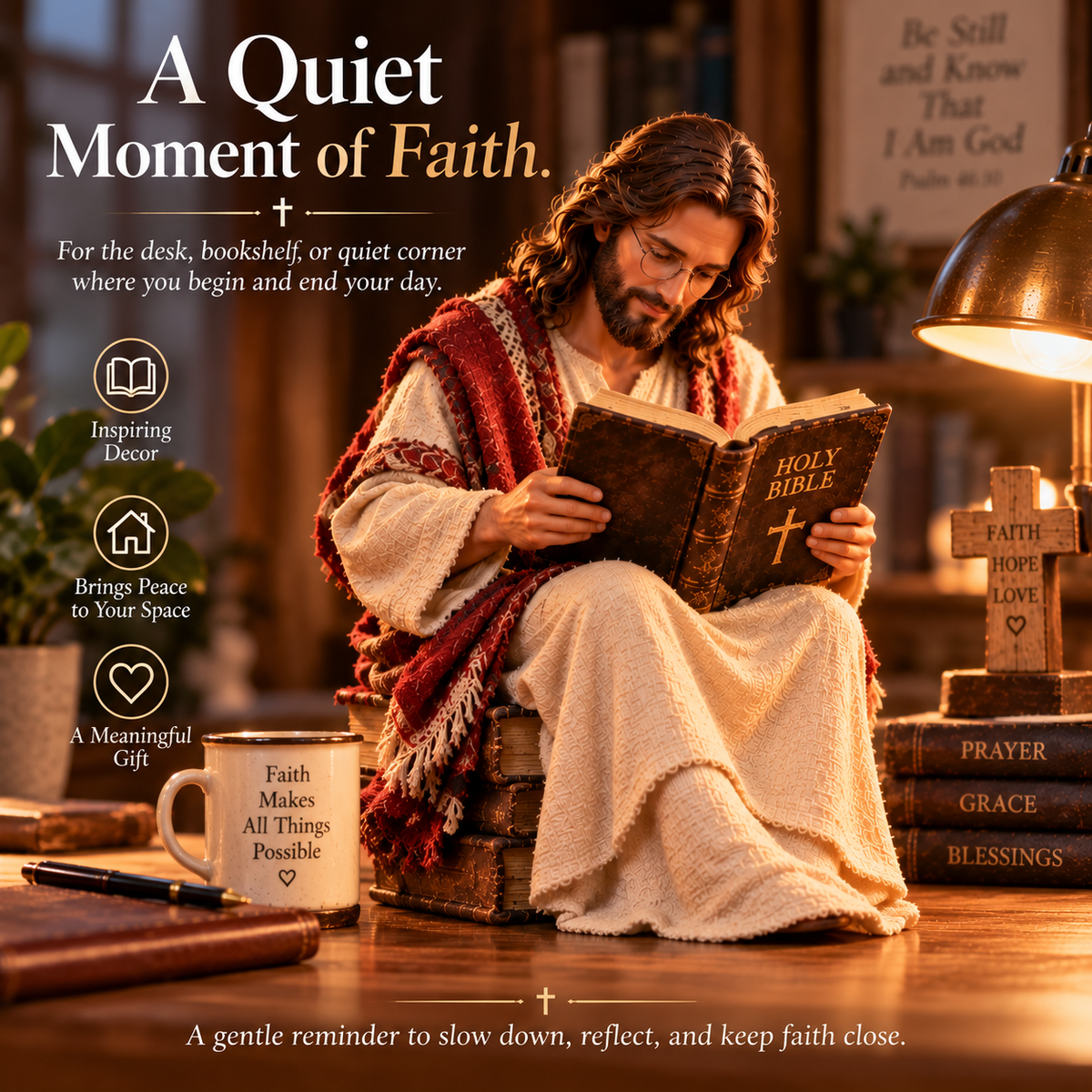Jesus reading Bible quiet faith display