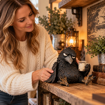 Grumpy Coffee Raven Figurine – “Not Yet” Funny Morning Decor
