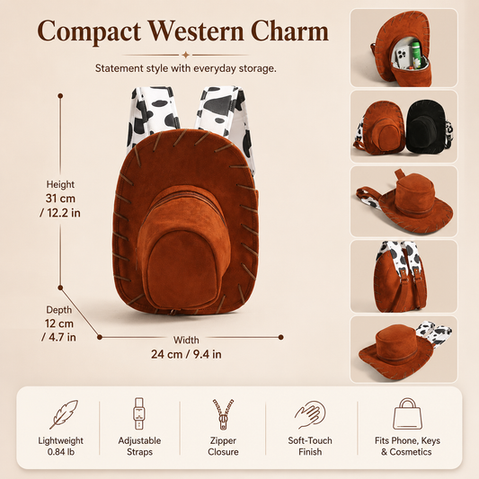 🤠 Western Cowboy Hat Shaped Backpack Cow Print Straps Mini Leather Purse