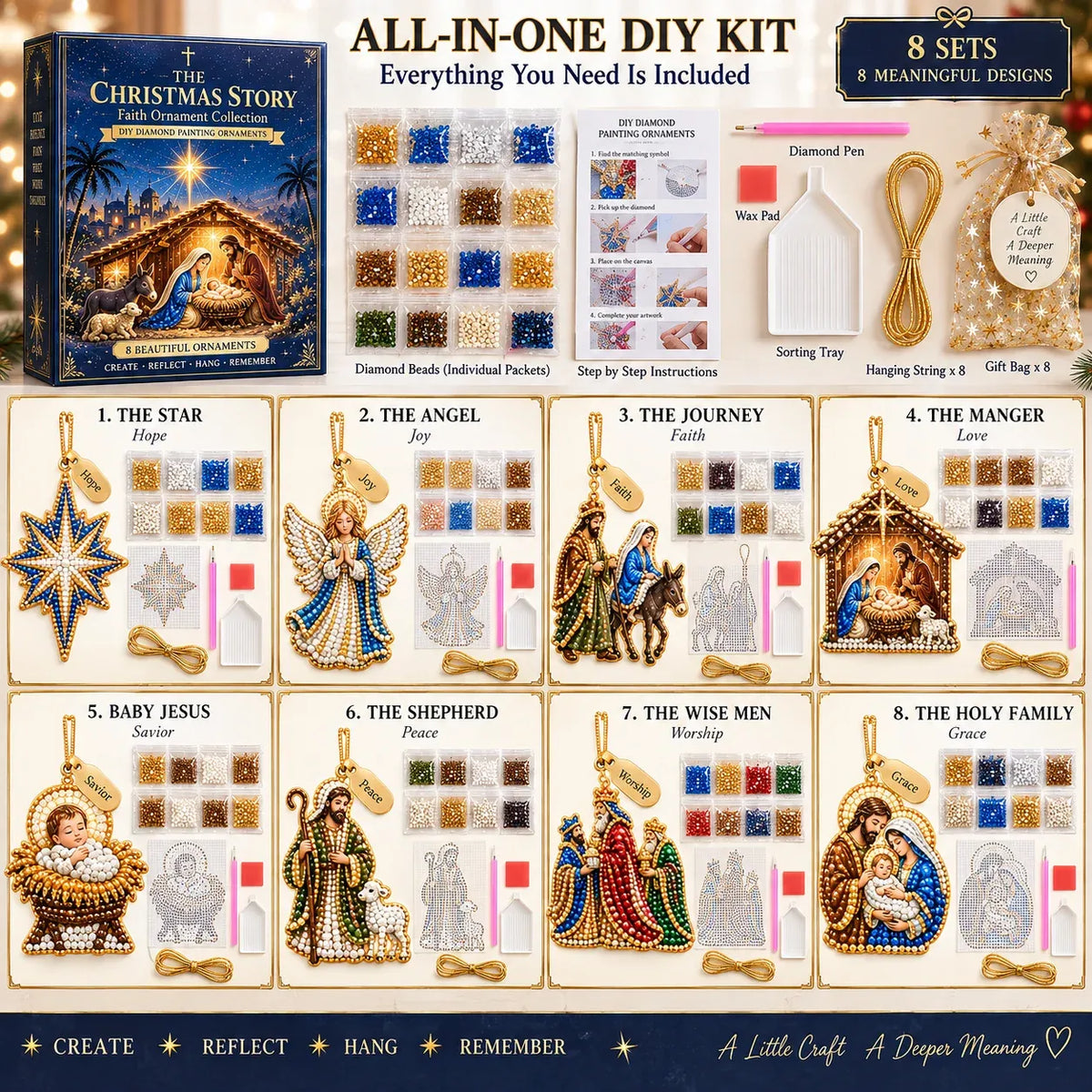 ✝️ Beginner-Friendly DIY Nativity Diamond Art Ornament Kit – Make the Christmas Story (8 Pieces)