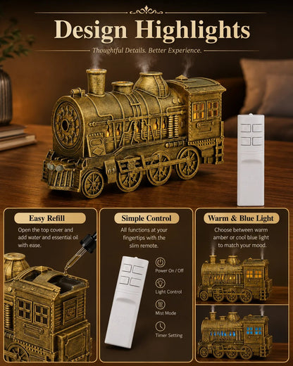 🔥Limited-Time Sale | Vintage Steam Train Humidifier – 300ML Aromatherapy Diffuser with LED Light
