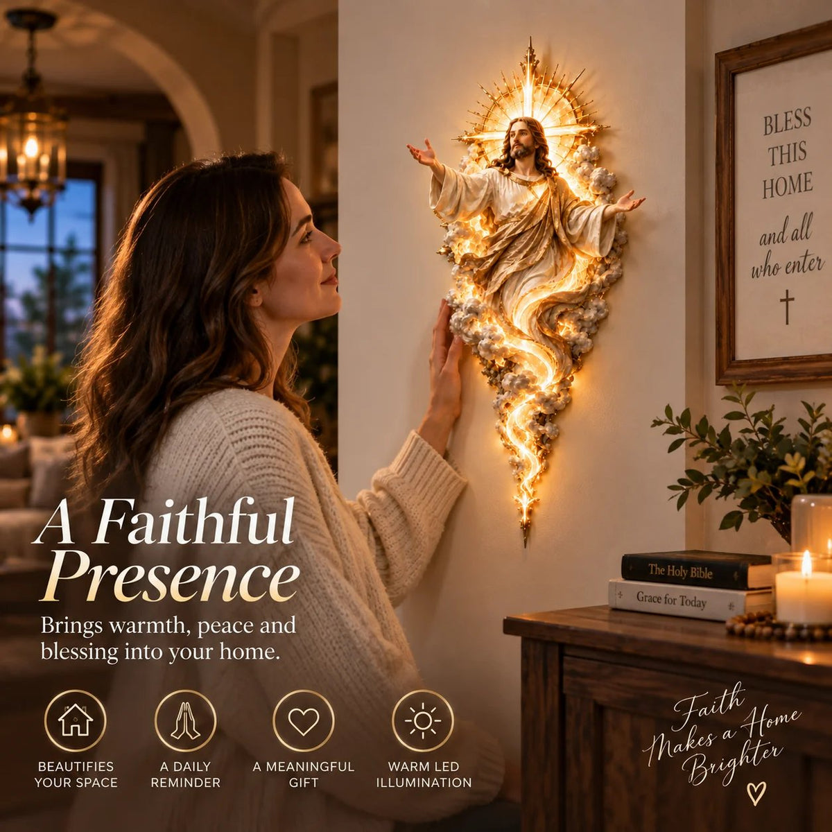 🔥✝️ Light of the World Jesus Wall Sculpture – A Radiant Symbol of Faith for the Home✝️