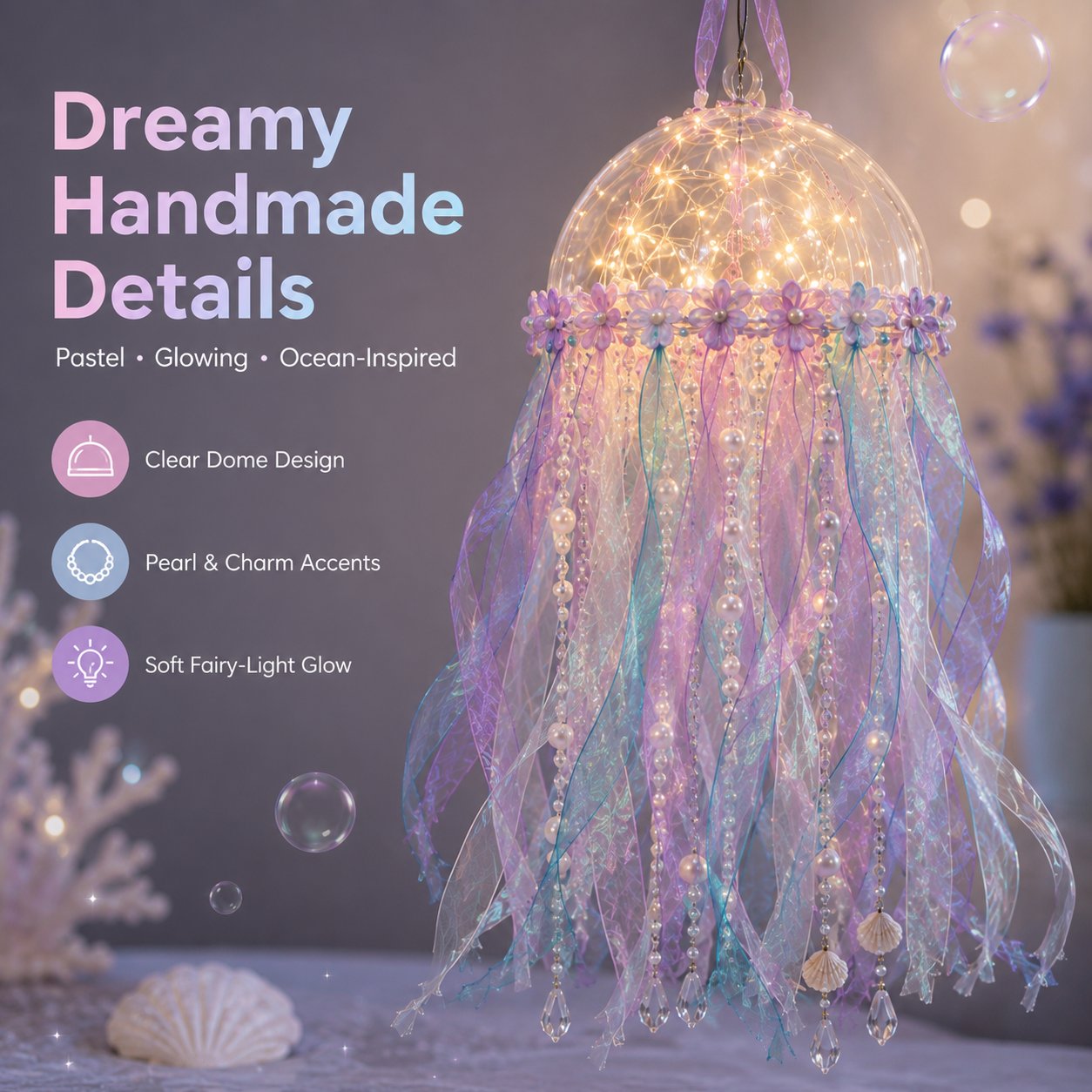 🎁 BUY 2 & GET FREE SHIPPING – 🪼 DIY Glowing Jellyfish Hanging Decoration Kit | Dreamy Floating Glow with Iridescent Ribbons, Pearls & Fairy Lights ✨