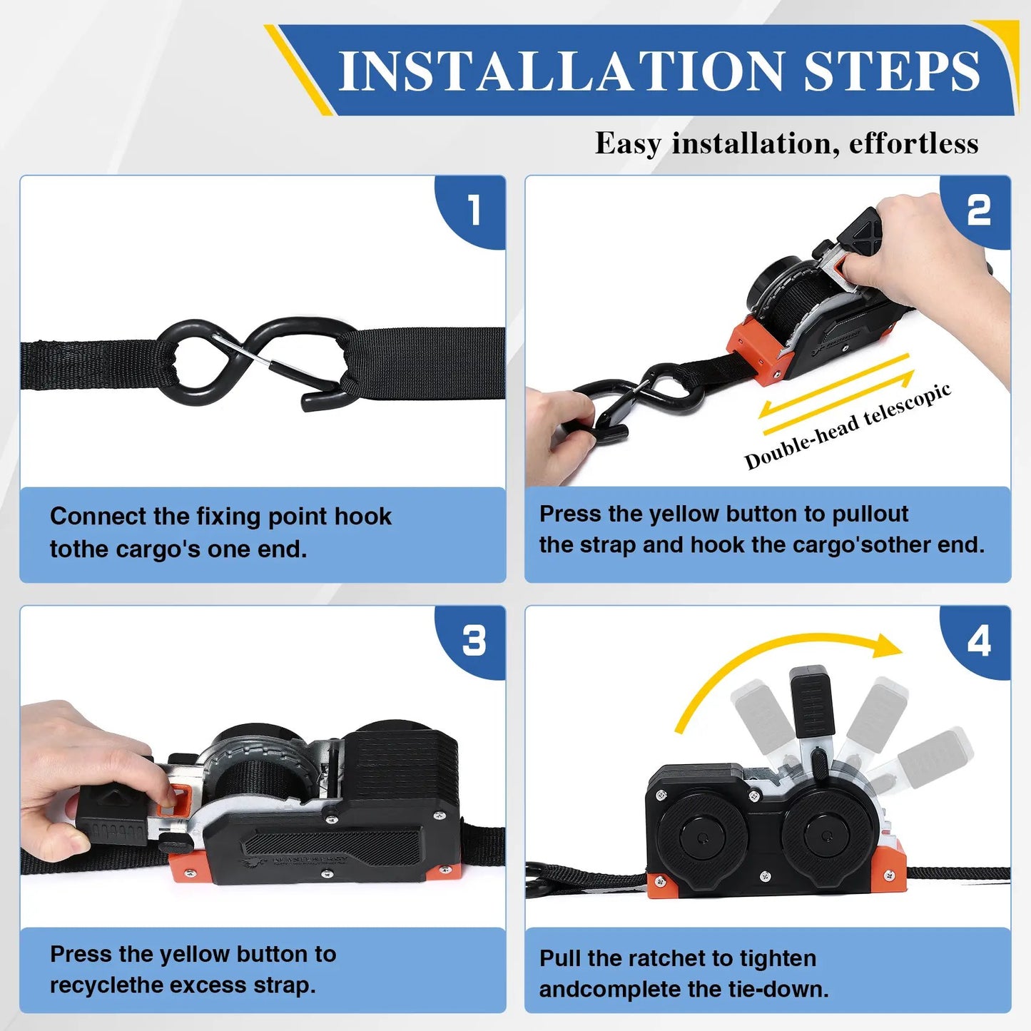 ⏰Limited Stock 60% OFF 🚜 Dual-End Retractable Tie-Down Ratcheting Straps, Large Locking S Hooks for Motorcycle, ATV, Truck