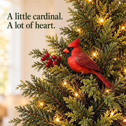 Close-up of a red cardinal ornament among evergreen branches and warm lights