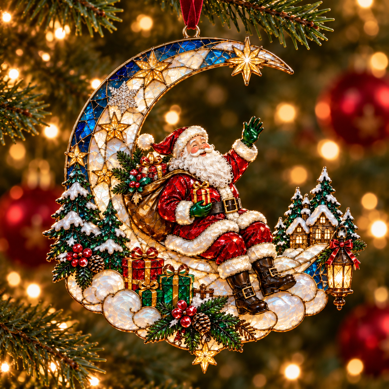 Santa Claus crescent moon Christmas ornament hanging on tree