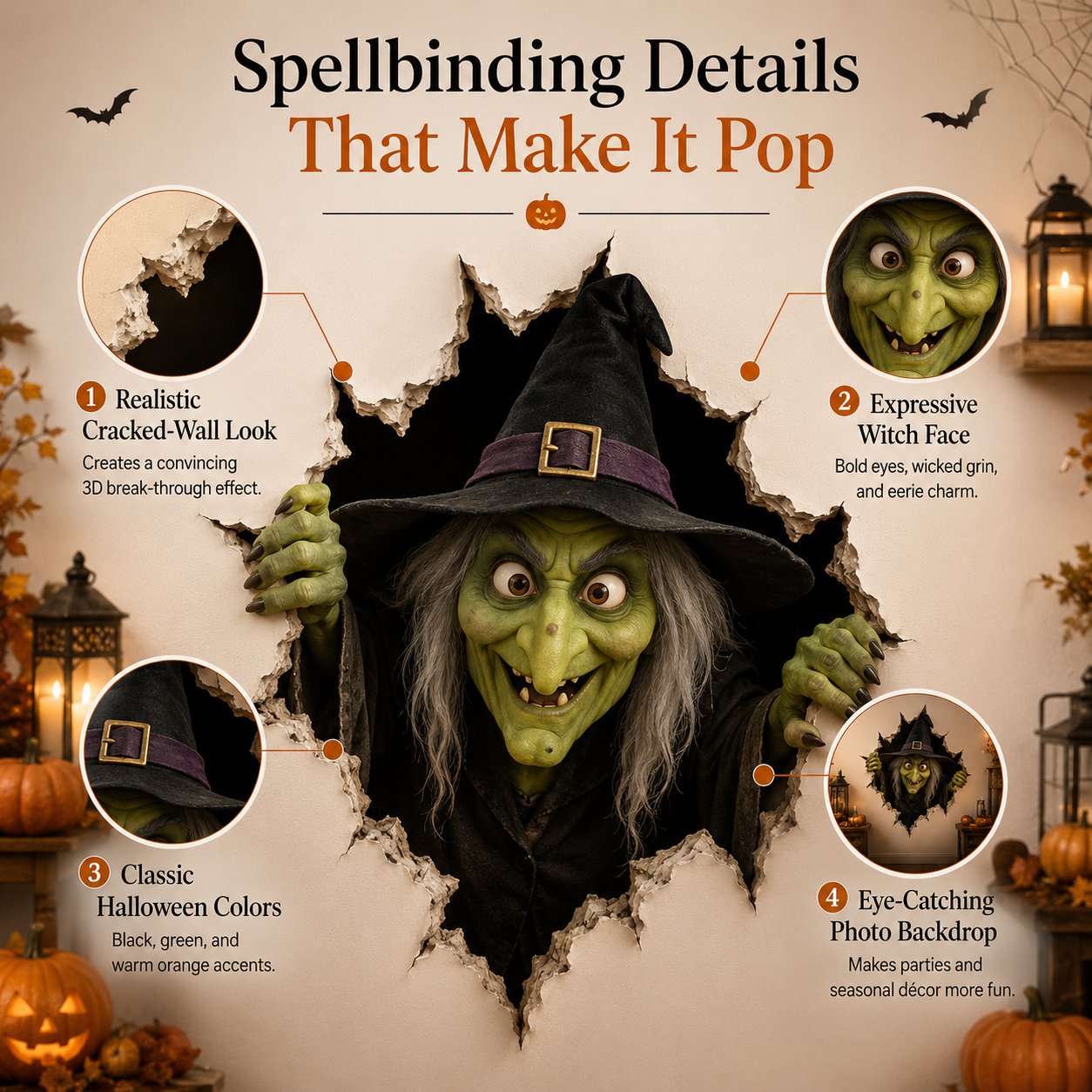 ⏳ Last Day 49% OFF – 🧙‍♀️ Halloween Witch Break-In 3D Wall Decal | Realistic Cracked-Wall Illusion with Reaching Hands, Dramatic Witch Artwork & Easy Peel-and-Stick Design 🎃✨