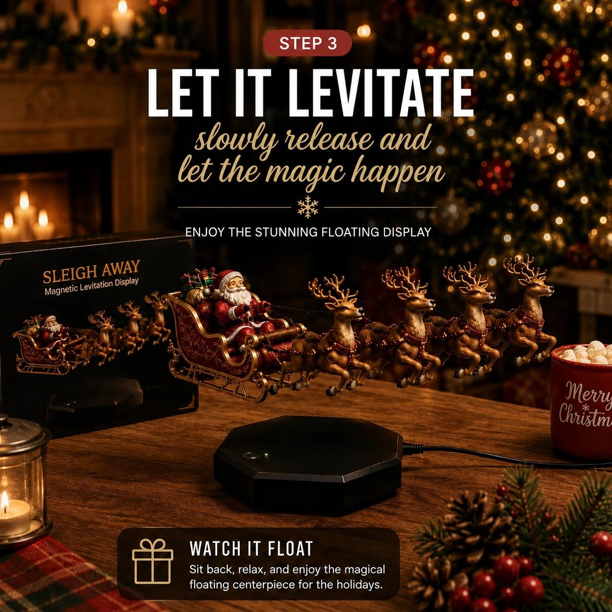 Floating Magnetic Levitation Santa Sleigh with Reindeer